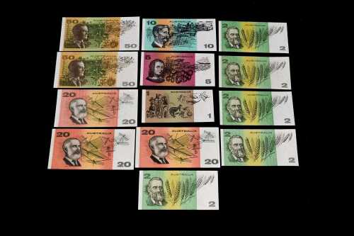 A group of 13 Australian paper banknotes