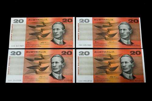 Four early Australian $20 paper banknotes