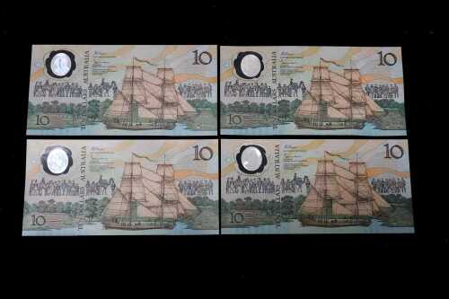 Four early Australian $10 polymer bank notes