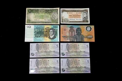 Group of Australian banknotes decimal and pre decimal