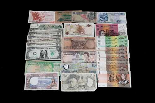 Group of assorted world bank notes.