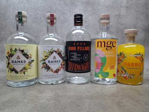 Mixed gin and non-alcoholic spirits, five bottles