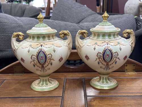 Pair of Crown Devon blushware porcelain urns