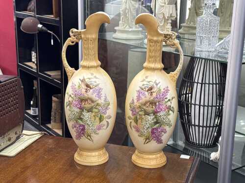 Pair of antique Austrian blushware porcelain ewers