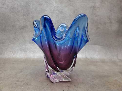 Mid-century art glass 'swirl' vase in blue and pink