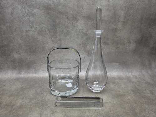 Orrefors crystal drinkware including a Vicke Lindstrand decanter and an ice-bucket and tongs.