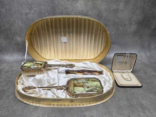 Vintage dressing table and jewellery items including boxed mirror and brush set