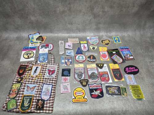 Vintage iron-on and sew on cloth patches, including British Columbia Centennial 1971