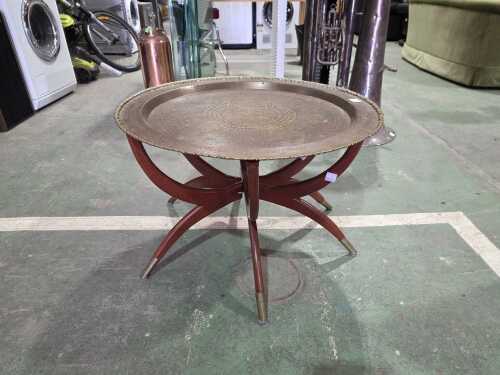 Brass tray top coffee table with timber spider legs