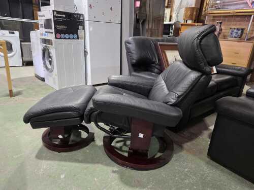 BenchMaster black leather recliner with ottoman