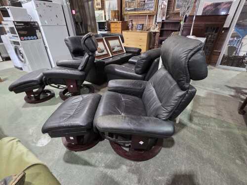 BenchMaster black leather recliner with ottoman