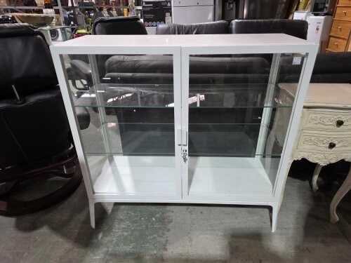 White metal cabinet with 2 glass shelves