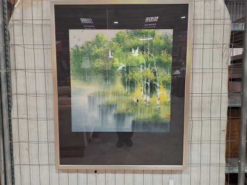 Contemporary Asian landscape painting with cranes. Mixed media on paper