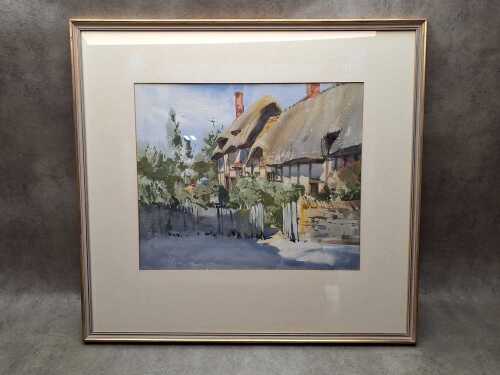 Artist unknown, thatched wattle and daub cottages. Watercolour painting on paper