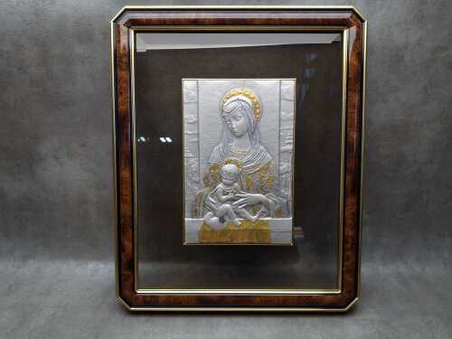 Italian sterling silver mounted parcel gilt bas-relief Madonna and child plaque