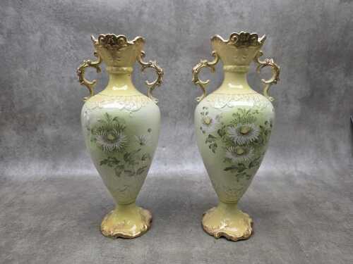 Victorian twin-handled ceramic mantle vases