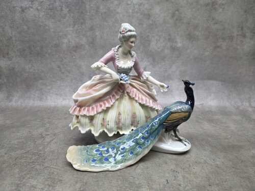 ENS (Germany) porcelain figure of lady with peacock