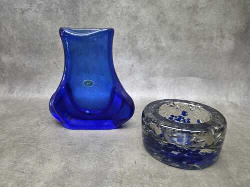 Cobalt blue art glass vase with original Czech Republic sticker and controlled bubble ashtray