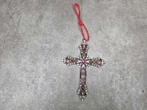 Metal red enamel hanging cross with hanging loop