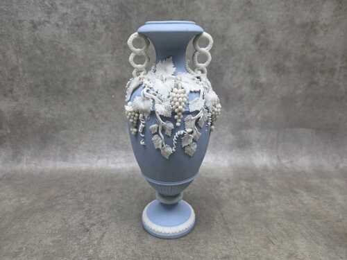Antique Jasperware-style urn-shaped vase with applied hanging grape decoration