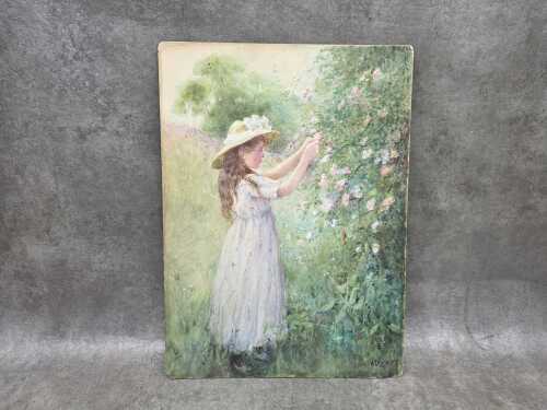 A. Legge, girl picking flowers, 1907. Unframed antique watercolour painting on card