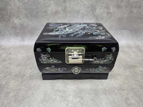 Oriental black lacquered jewellery box with mother-of-pearl inlay