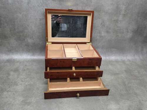 Timber multi-tier jewellery box with hinged lid and velvet lines drawers