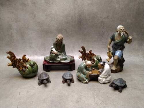 Traditional Chinese ceramic figures including 3x mudmen, pair of doves and 3x tea srticulated figures of tortoises