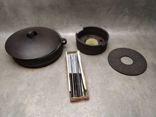 Two Dansk Flamestone Designs ceramic brown kitchenware and 12 Amboss Fondue forks