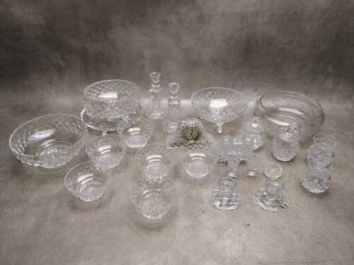 Cut crystal items including dessert set, pairs of candle sticks, footed cake plate, etc.