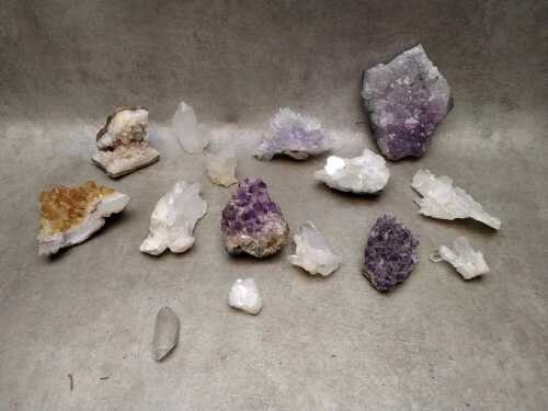 Collection of amethyst and crystal specimens