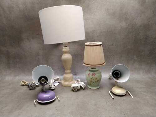 Group of retro lamps including anodised clip-on bed lights, onyx table lamp, etc.