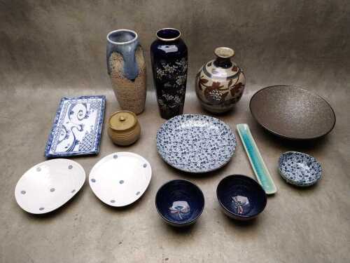 Japanese ceramics including earthenware glazed vases, bowls, serving dishes, etc.