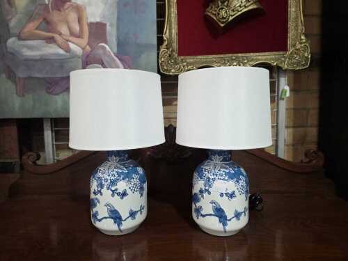 Pair of Recollections blue and white ceramic table lamps with white shades