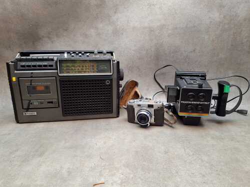 Vintage cameras and Sanyo radio cassette recorder