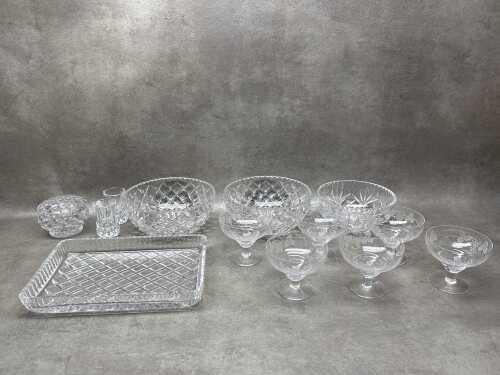 Assorted cut and etched crystal including set of six Stuart footed dessert bowls, pair of serving bowls, tray, etc.