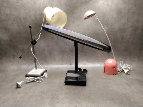 Three retro desk lamps including Hanimex goose neck, Dikstra adjustable, etc