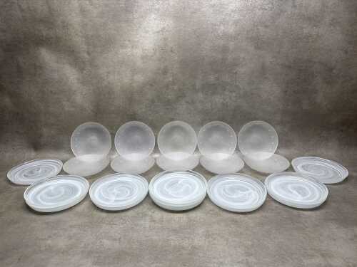 Two sets of glass dessert plates