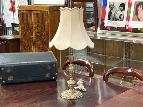 Cast metal ornate table lamp with fabric scalloped shade