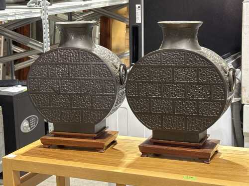 Pair of bronze Orienta twin-handled vases
