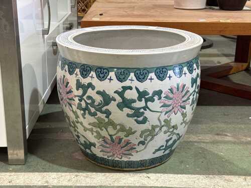 Large Oriental fishbowl planter with lotus and blossom foliage
