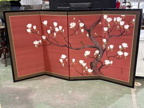 Oriental red folding screen featuring hand painted birds and a magnolia tree scene