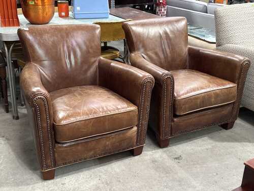 Pair of Pottery Barn distressed brown leather club chairs