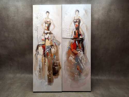 Artist unknown, ladies in ballgowns (2). Pair of contemporary mixed media artworks