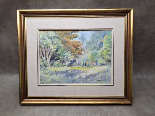 Artist unknown, sitting in the garden. Oil painting on board