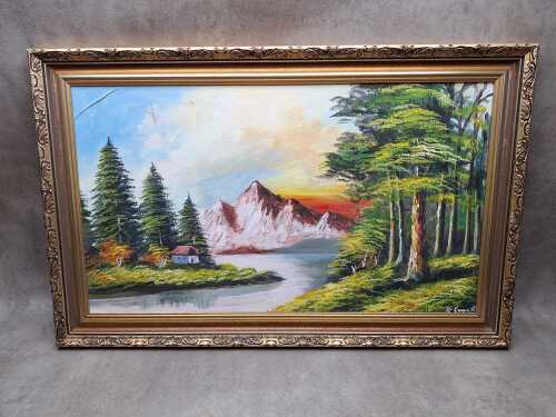 B. Giancotti, European riverscape with pine trees. Oil painting on board