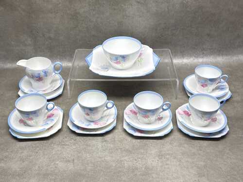 Shelley part tea set, including cake plate, creamer, sugar bowl, and five trios