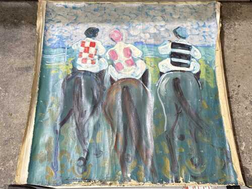 Artist unknown, (Three mounted jockeys) 1972, oil painting on canvas