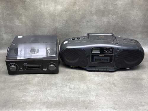 Two sound equipment items including a Sansui SAN1668 turntable with radio/cassette player