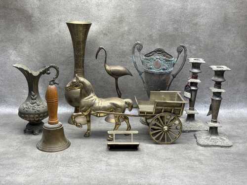 Metal ware and brass, including a miniature horse drawn carriage